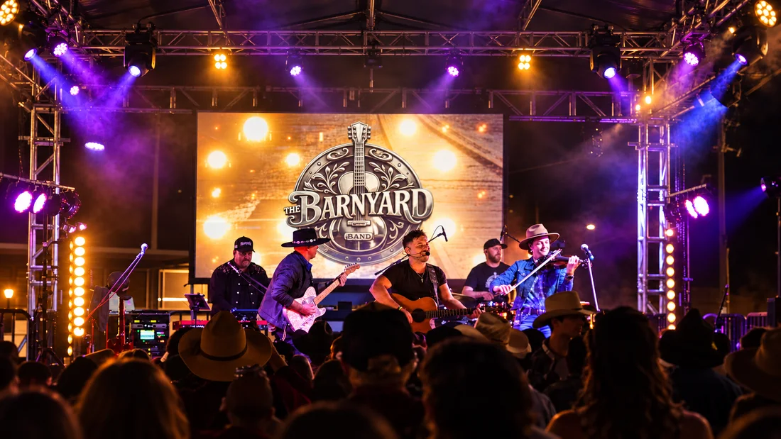 The Barnyard Band on stage under concert lighting