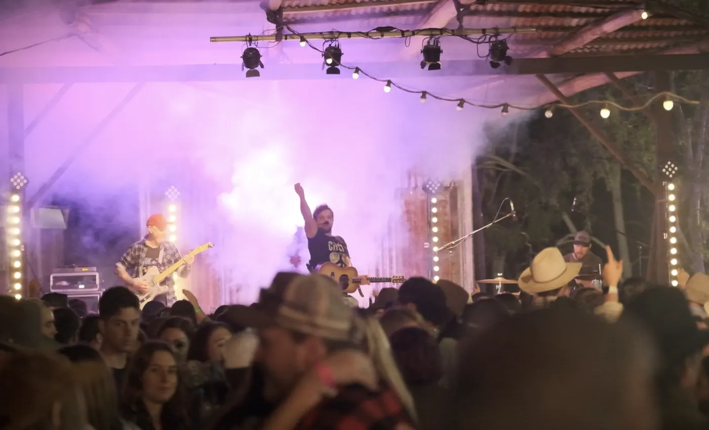 Packed crowd in front of the stage under purple lights