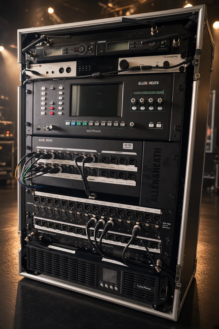 The Barnyard Band equipment rack: Allen & Heath SQ-Rack, DX168, Shure SLX-D and CyberPower UPS